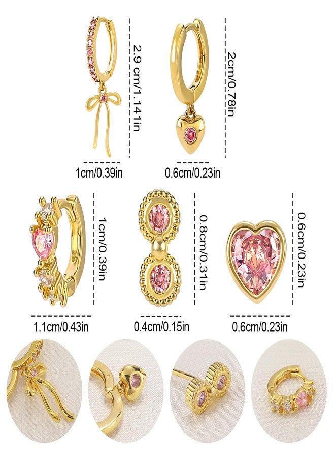 MOONWALTZ Pink Bow Heart Earrings Set for Women 14K Gold Plated Cubic Zirconia Love Heart Bowknot Huggie Hoop Earrings Cute Bow Ribbon Dainty Heart Stud Earrings Set for Multiple Piercing Party Jewelry Gifts - Image 2